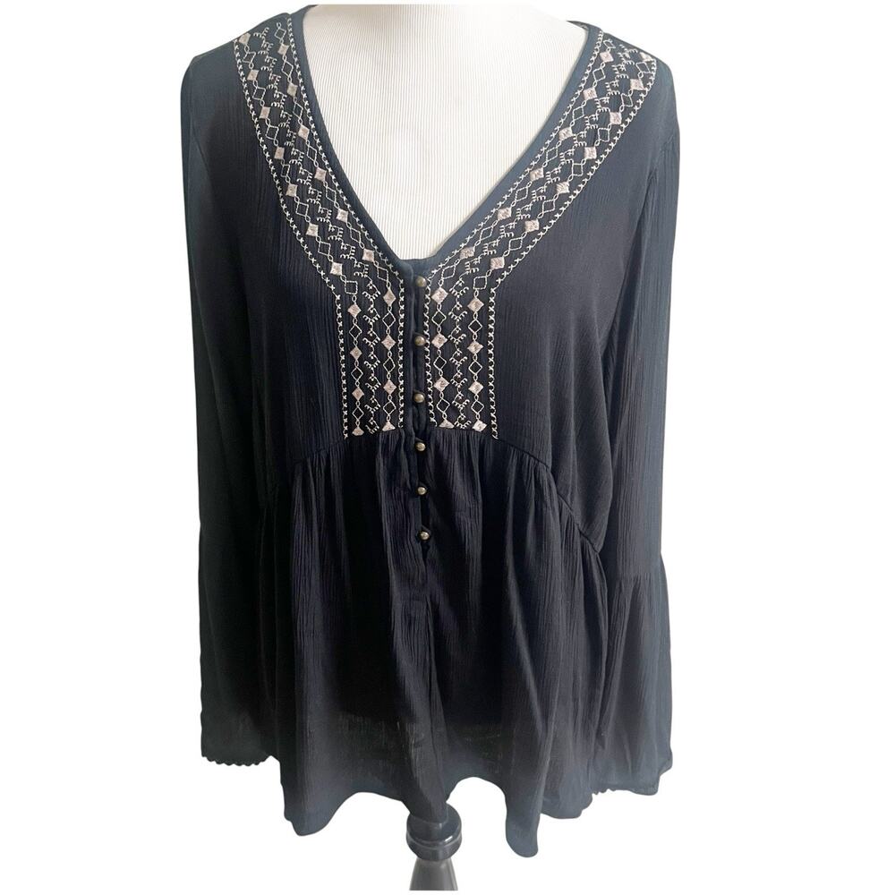 Knox Rose Embroidered Bohemian Blouse Plus Size XXL Black Long Bell Sleeve